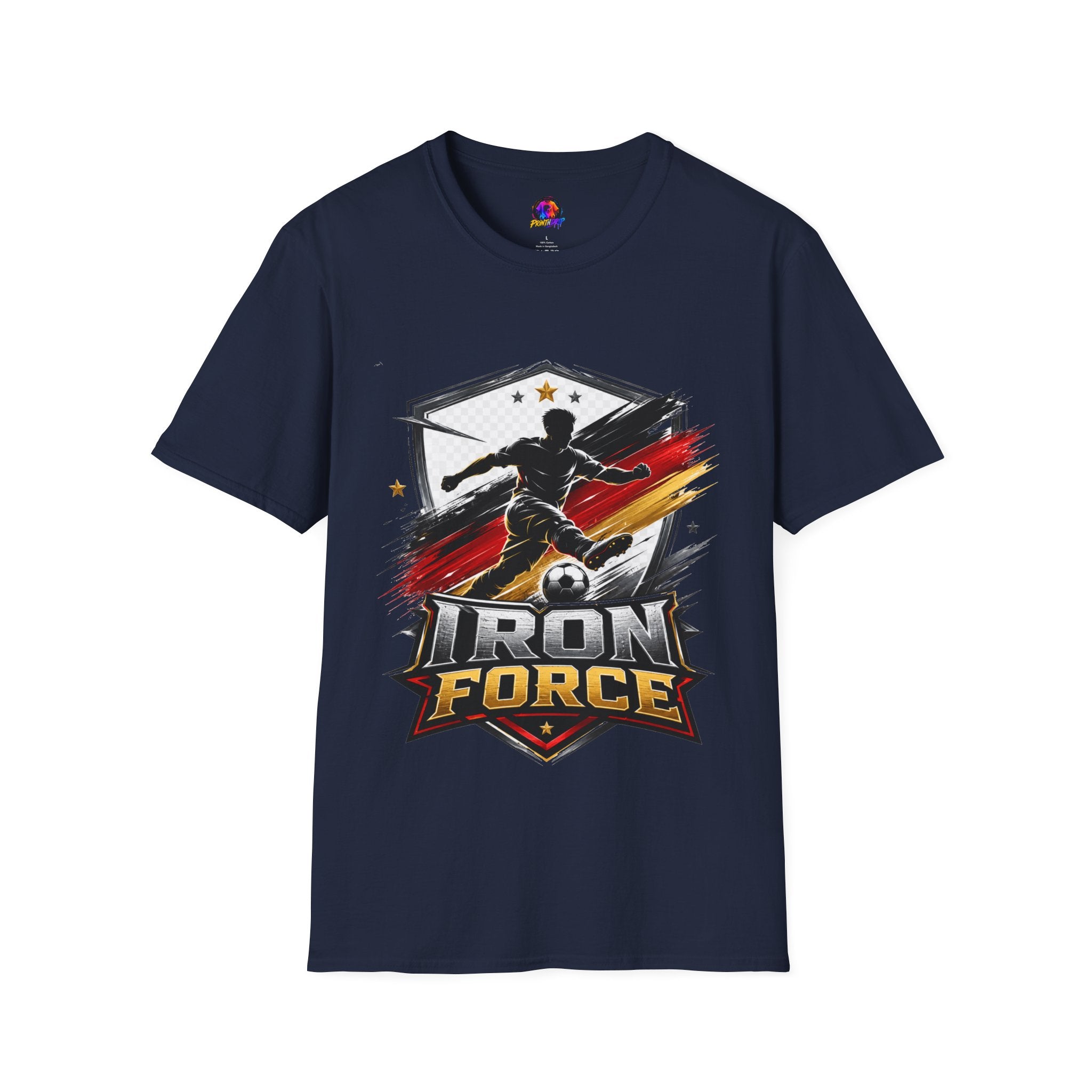 Germany Soccer 'Iron Force' Graphic T-Shirt — Player Silhouette with Red & Gold Brushstroke Emblem