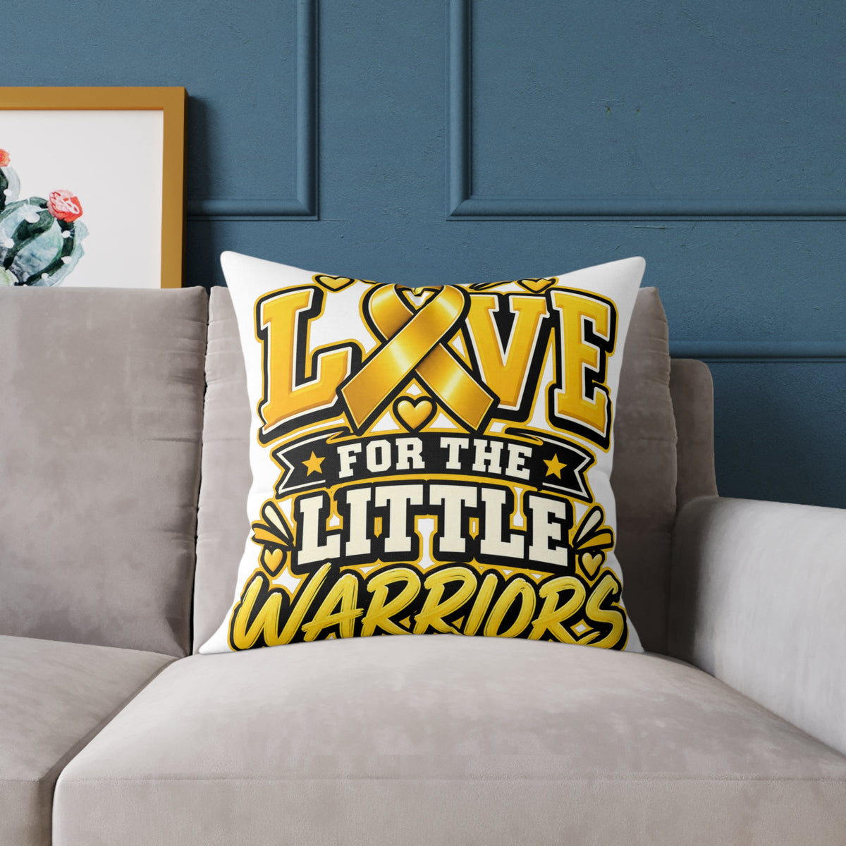 Childhood Cancer Square Pillow - "Love for the Little Warriors" Yellow Ribbon Kids Cancer Awareness Throw Pillow