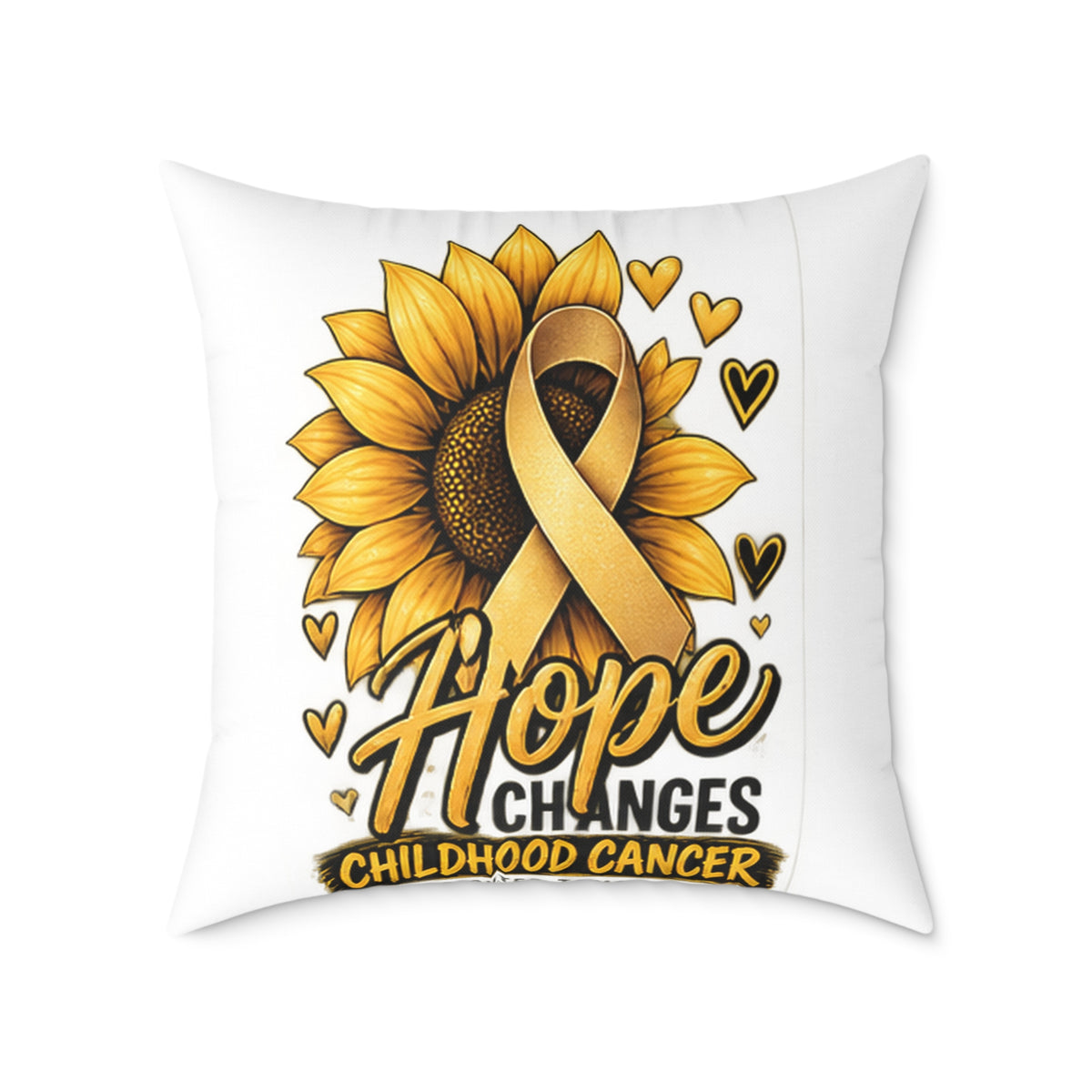 Childhood Cancer Awareness Pillow — 'Hope Changes' Sunflower Ribbon Square Throw Pillow