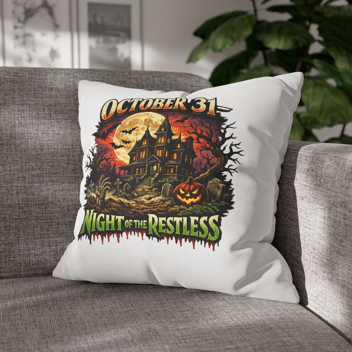 Halloween Pillowcase - "October 31 Night of the Restless" Haunted House Decorative Square Pillow Cover
