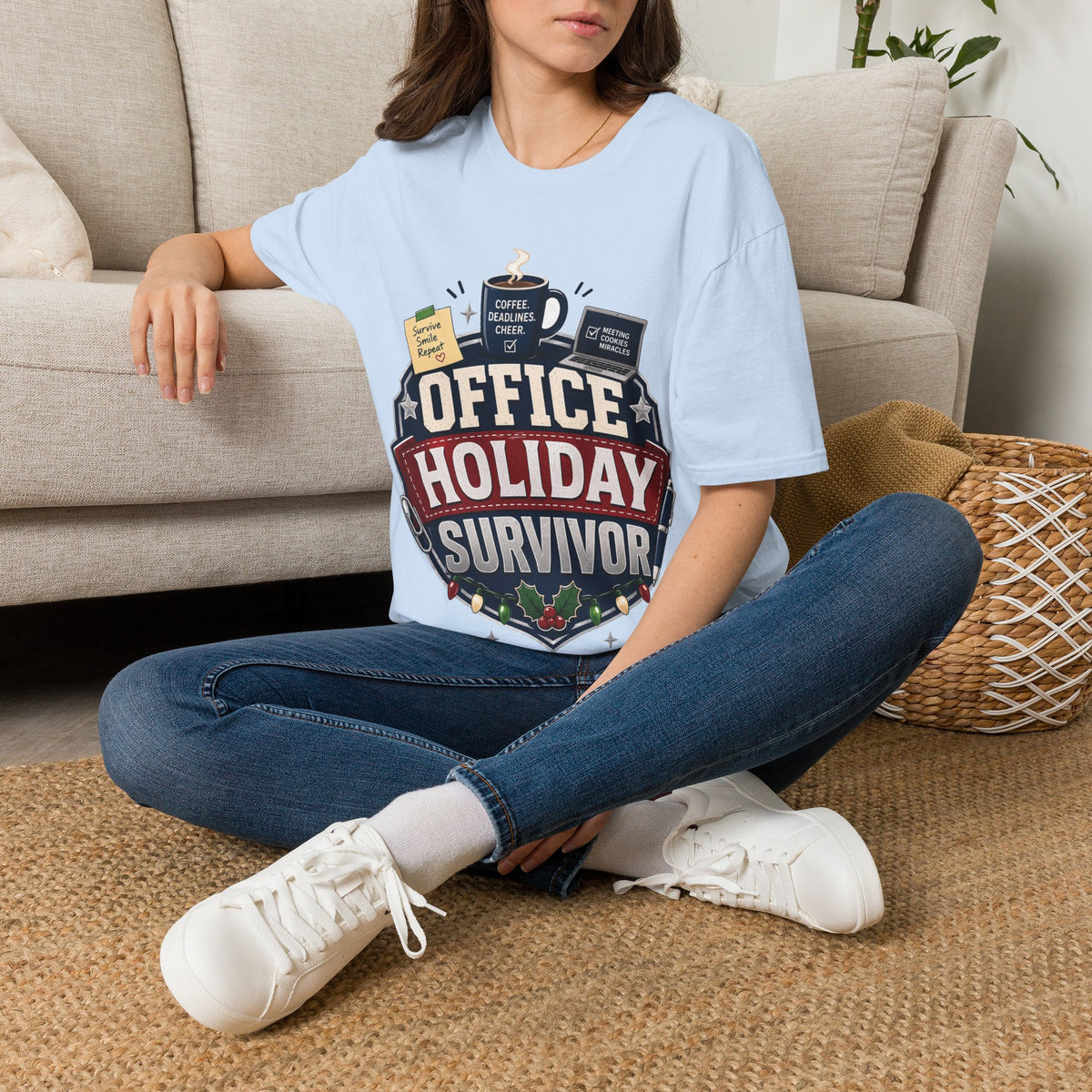 Office Holiday Survivor T-Shirt — Coffee, Deadlines & Cheer Work Shirt