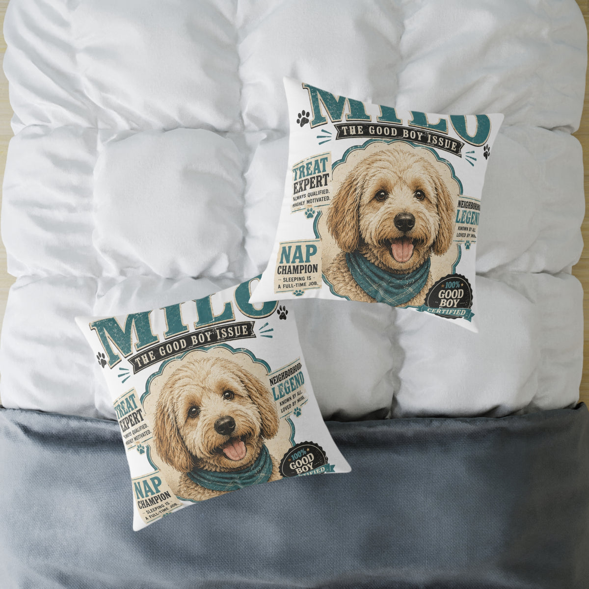 Milo Bailey Dog Dad Mom Square Poly Canvas Pillow — Personalized "Milo The Good Boy Issue" Dog Throw Pillow