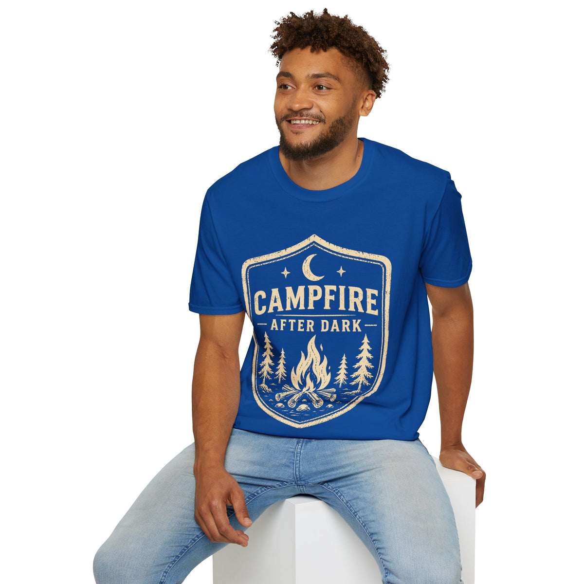 Campfire After Dark T-Shirt — Retro Camping Badge Tee for Outdoor Lovers