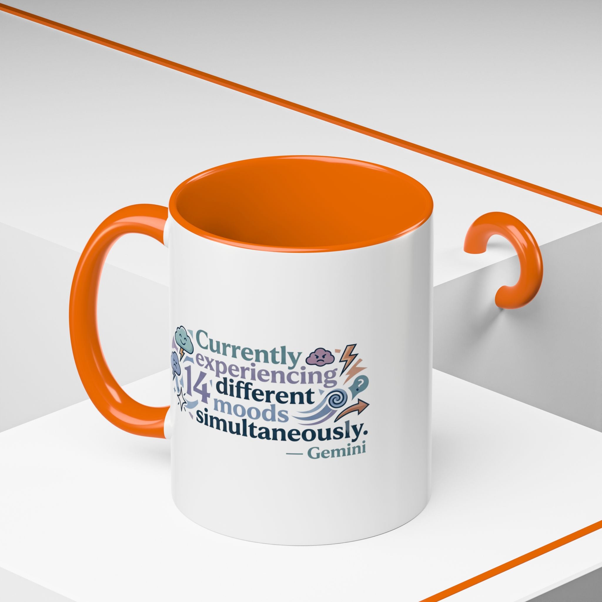 Gemini Mood Coffee Mug — "Currently Experiencing 14 Different Moods" Accent Ceramic Mug
