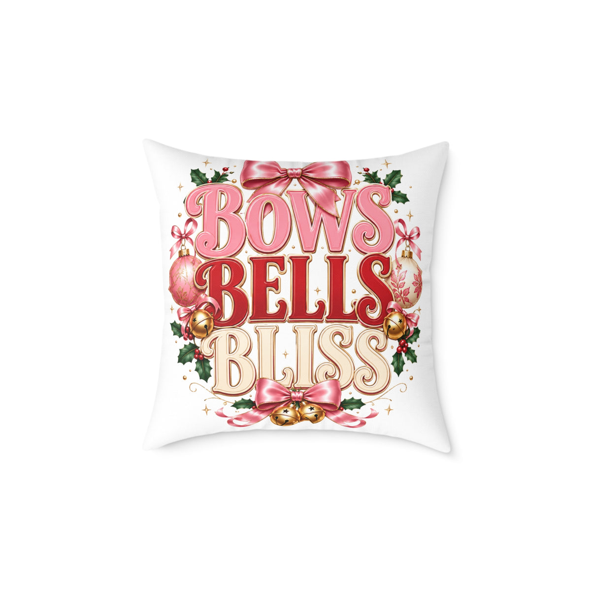 Bows Bells Bliss Christmas Square Poly Canvas Pillow