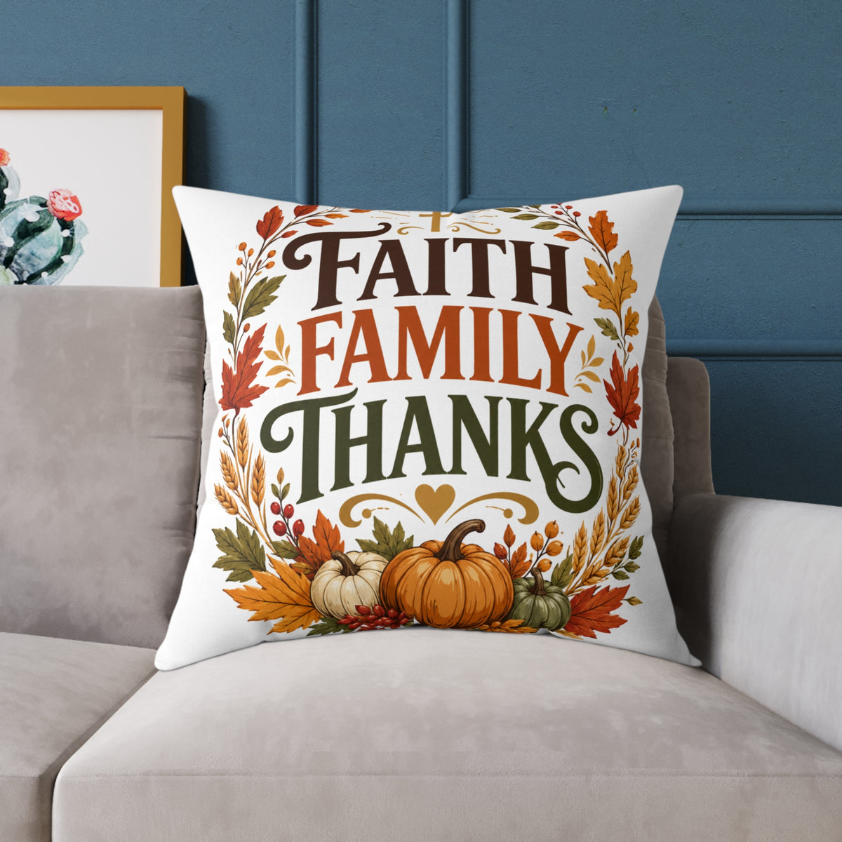Thanksgiving Faith Family Thanks Fall Pillow — Thanksgiving Pumpkin Accent Cushion