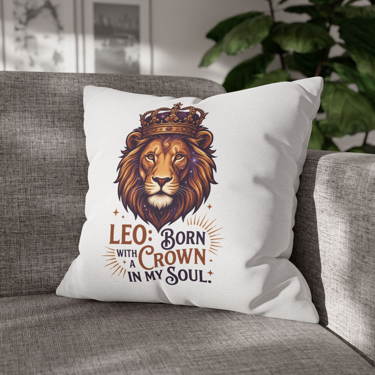 Leo Zodiac Born With Crown Spun Polyester Square Pillowcase