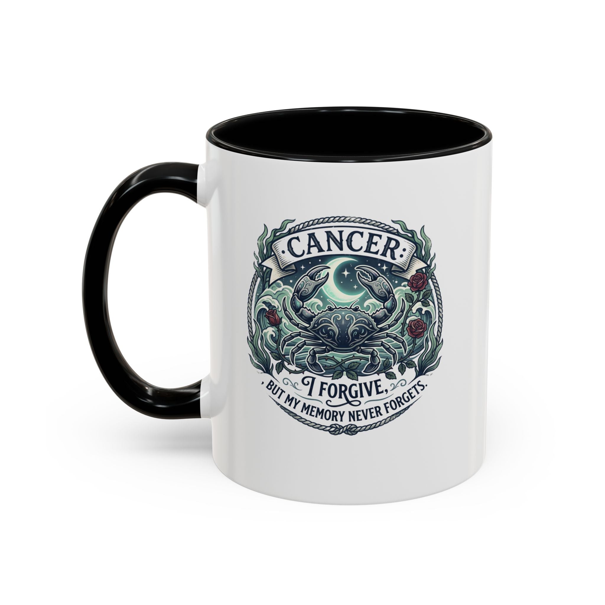Cancer Zodiac Accent Coffee Mug — 'I Forgive But My Memory Never Forgets' Horoscope Gift