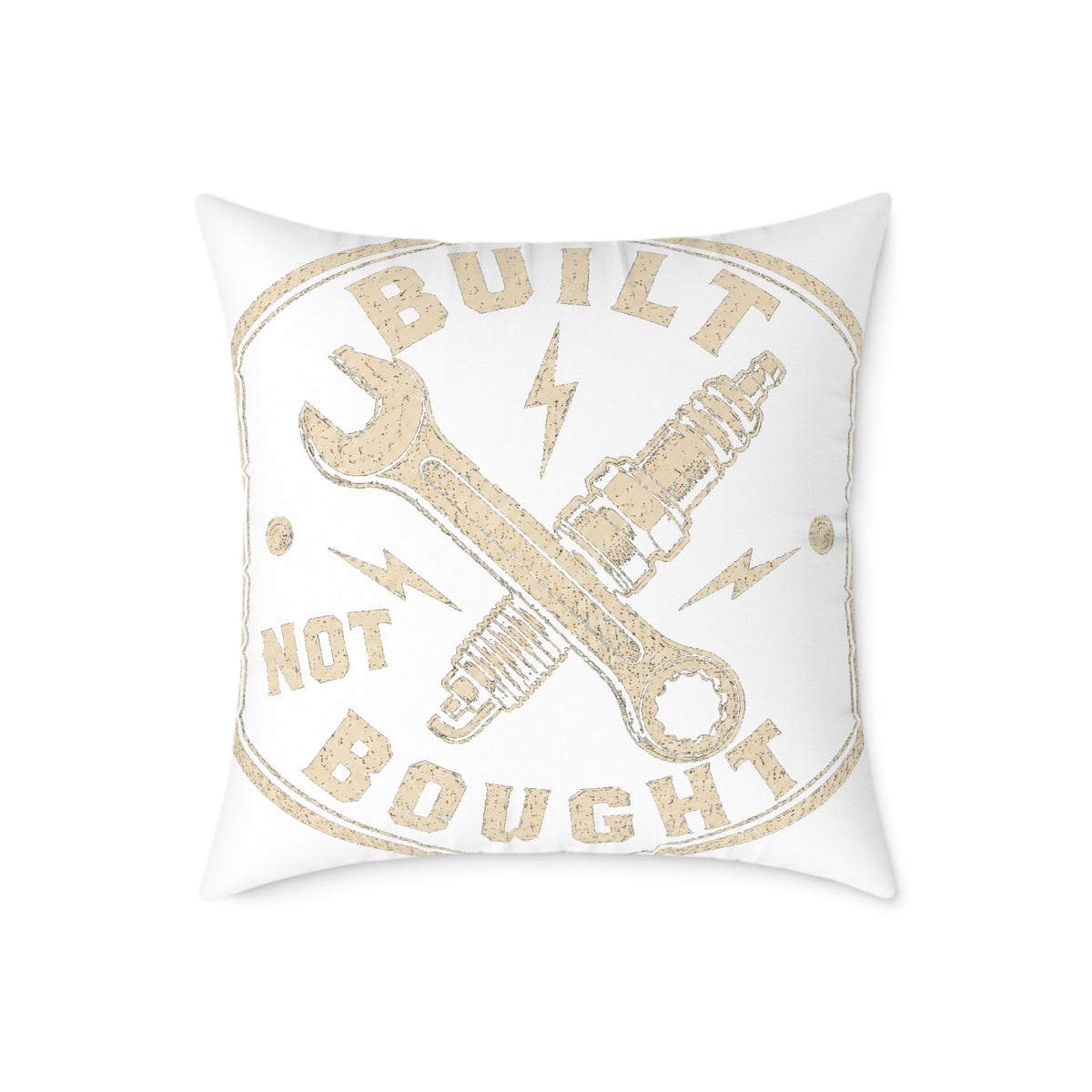 Built Not Bought Square Pillow Milo Bailey Dog Dad Mom— Mechanic Wrench & Spark Plug Decor