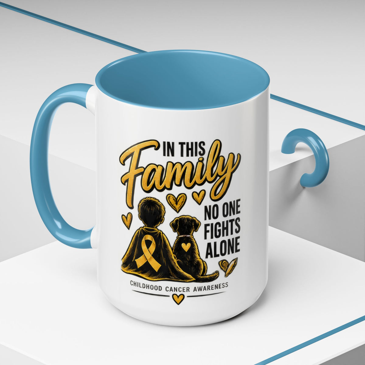 Childhood Cancer Awareness Accent Coffee Mug – "In This Family No One Fights Alone" (11/15oz)