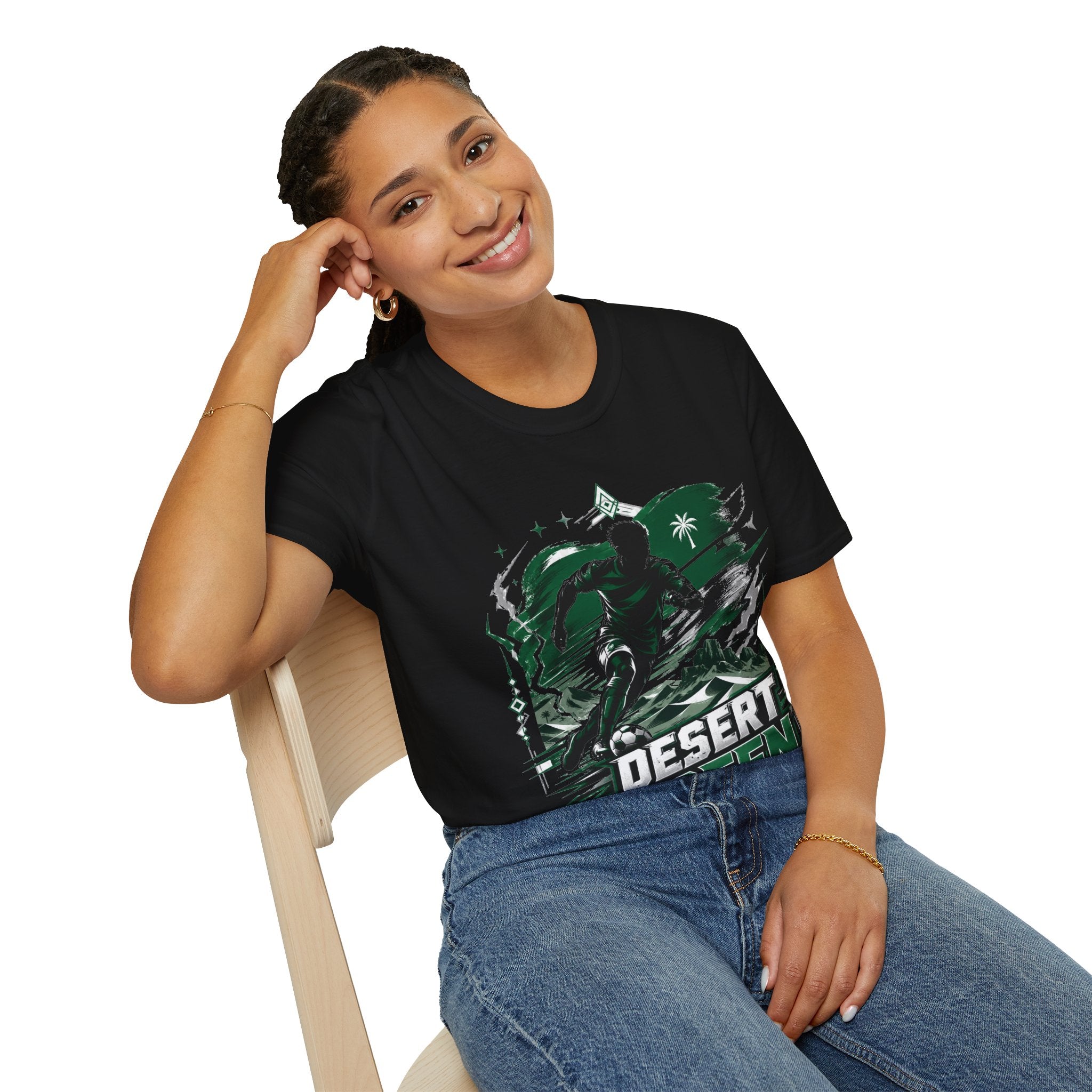 Saudi Arabia Desert Green Soccer T-Shirt — Silhouette Player Graphic