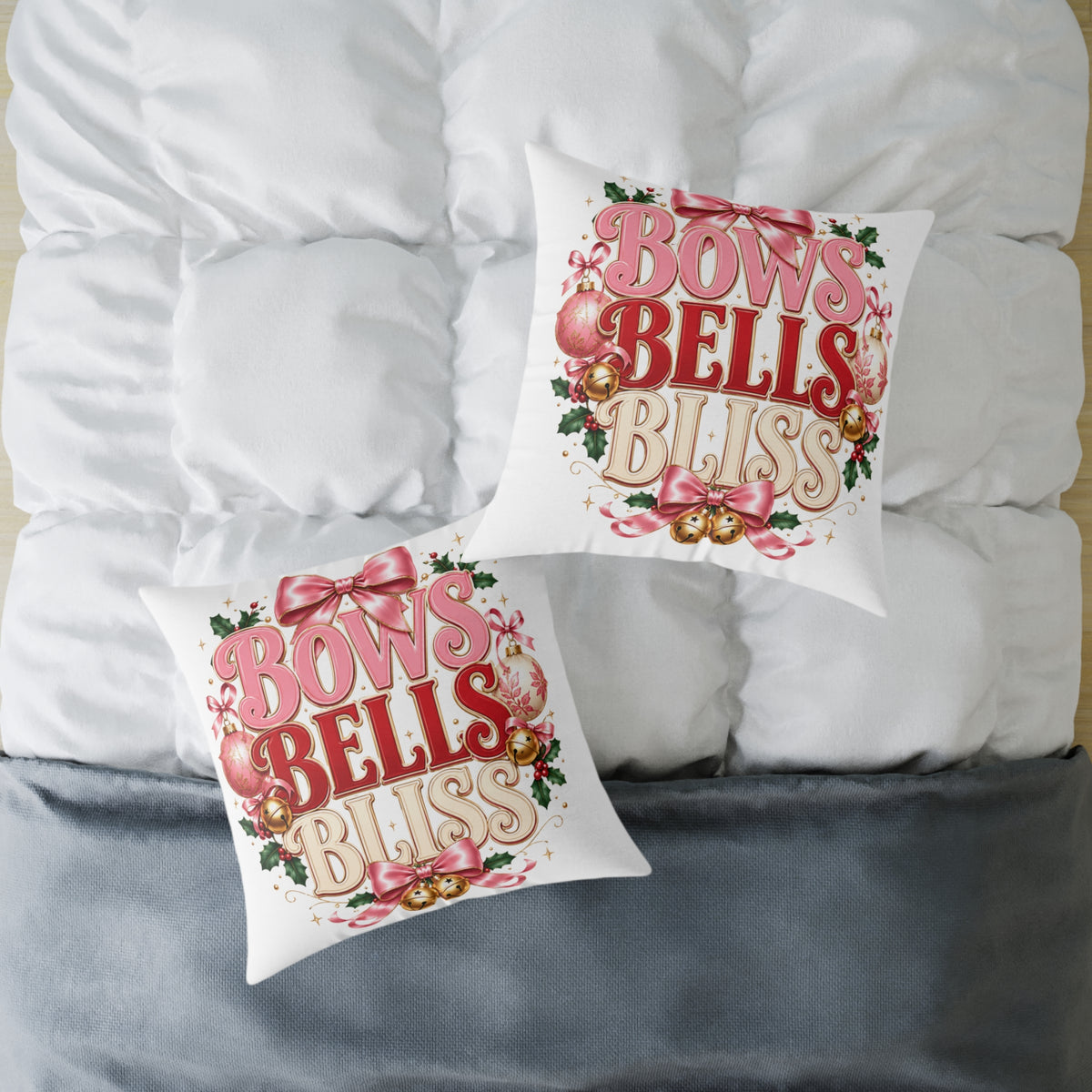 Bows Bells Bliss Christmas Square Poly Canvas Pillow