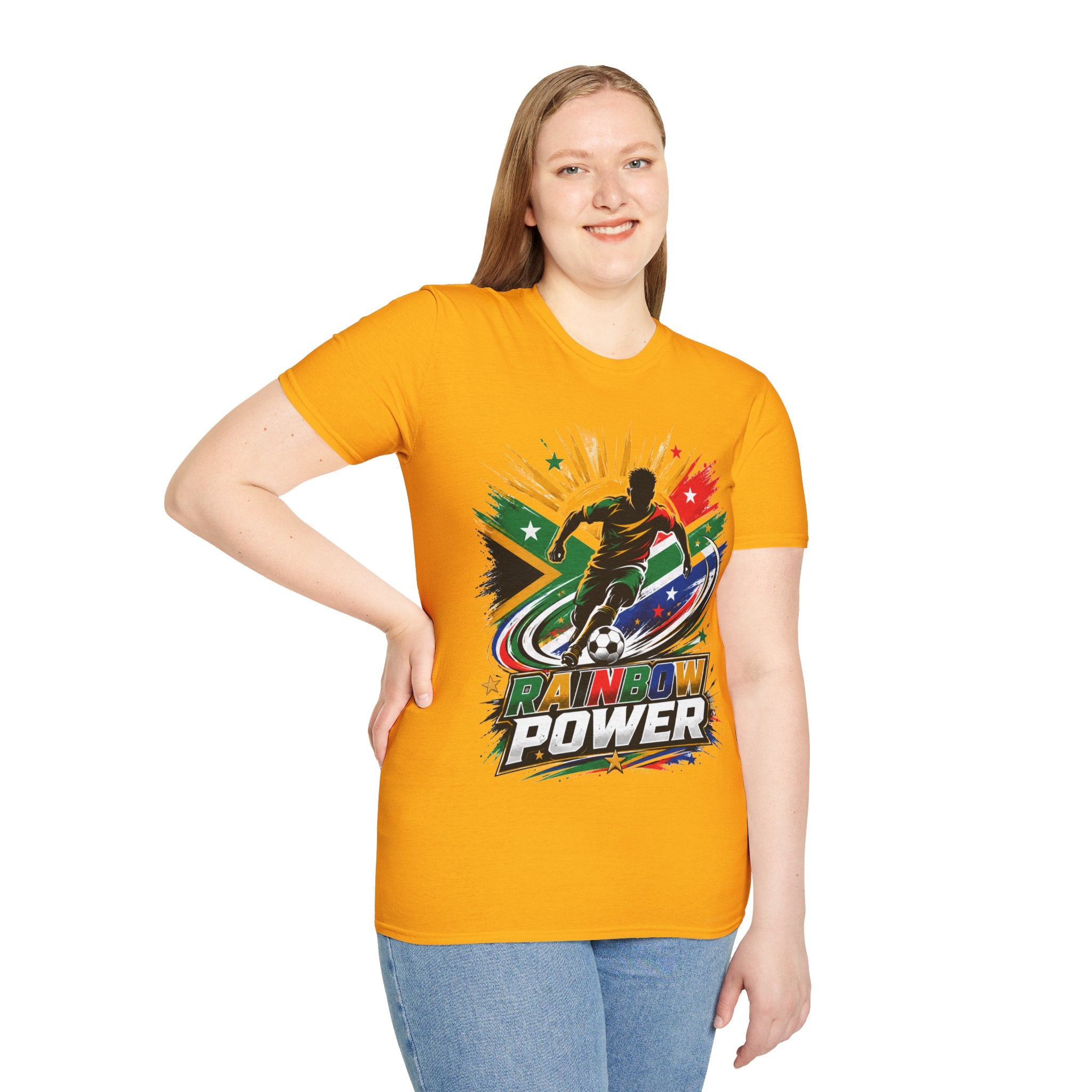 South Africa Soccer Rainbow Power T-Shirt — Colorful Football Player Graphic Tee