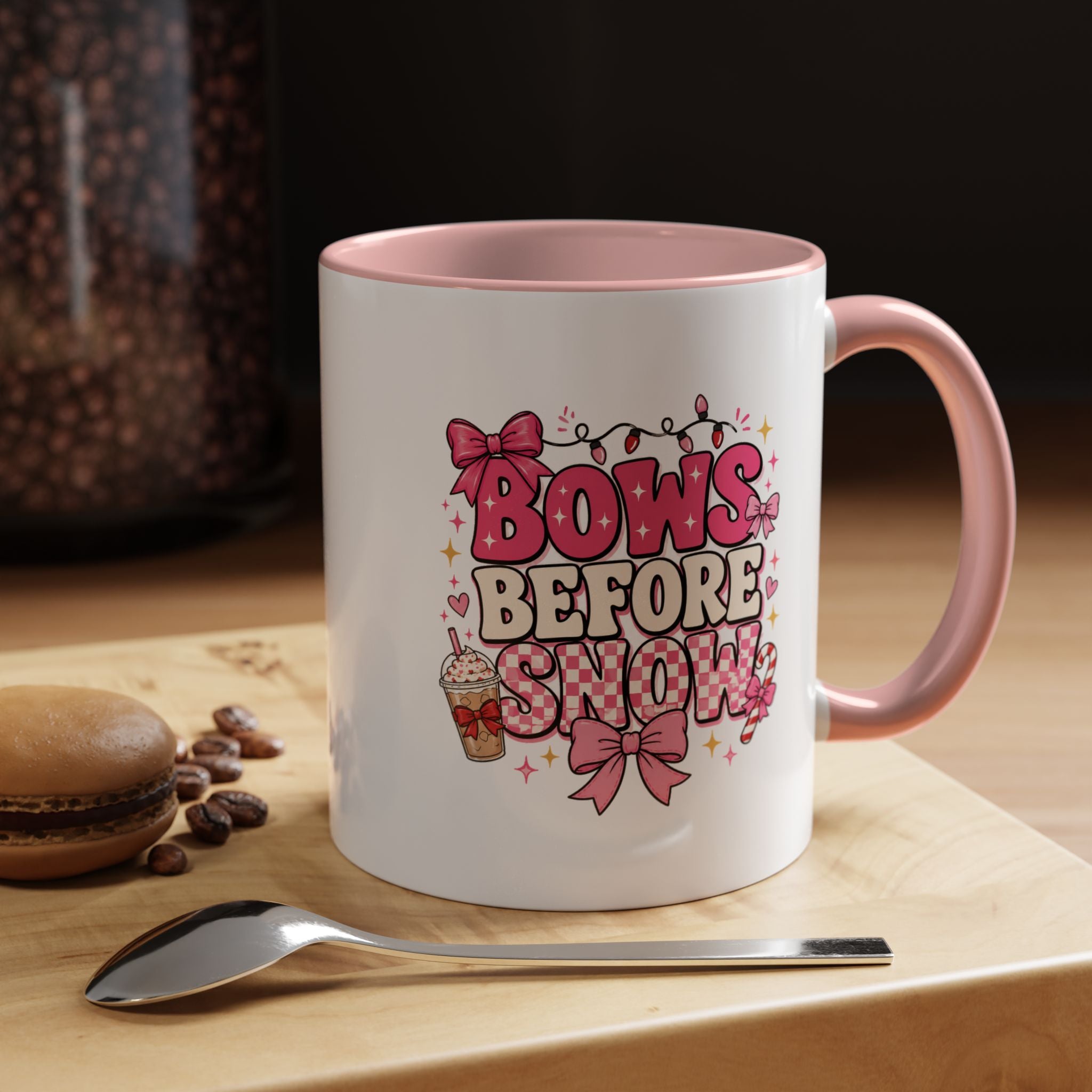Modern Day Christmas Bows Before Snow Accent Coffee Mug — Cute Pink Holiday Hot Cocoa Design (11/15oz)