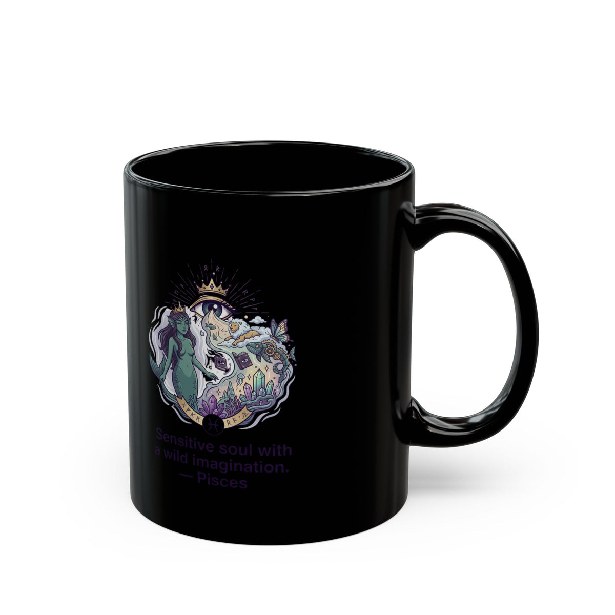 Pisces Zodiac Mystical Ocean Witch Mug – "Restore Soul with Imagination" Black Ceramic Coffee Cup