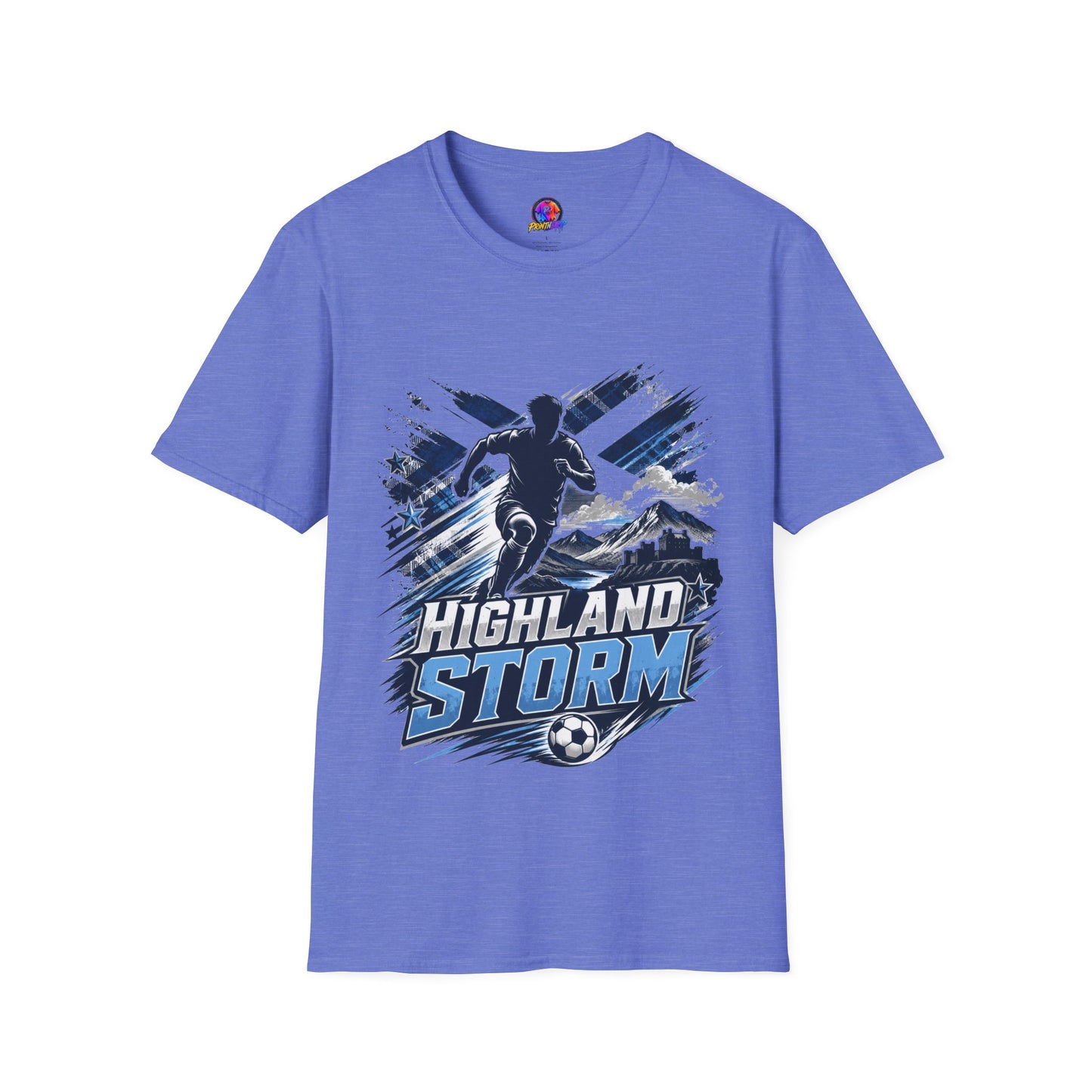 Scotland Highland Storm Soccer T-Shirt — Mountain Soccer Player Graphic Tee