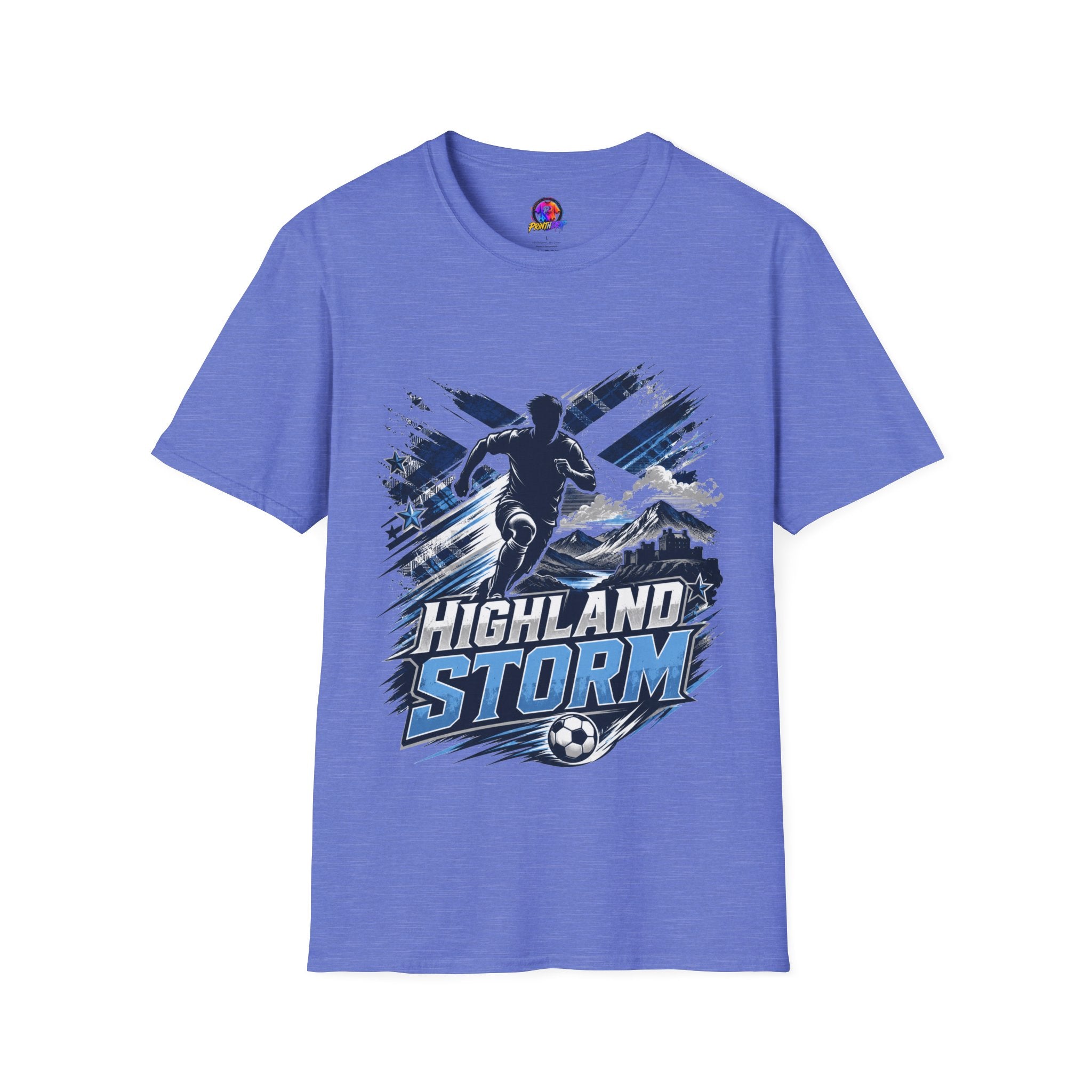 Scotland Highland Storm Soccer T-Shirt — Mountain Soccer Player Graphic Tee