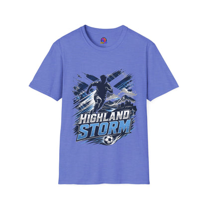 Scotland Highland Storm Soccer T-Shirt — Mountain Soccer Player Graphic Tee