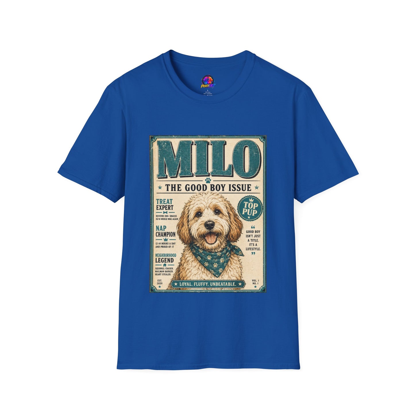 Milo 'The Good Boy Issue' Dog T‑Shirt — Vintage Puppy Magazine Design