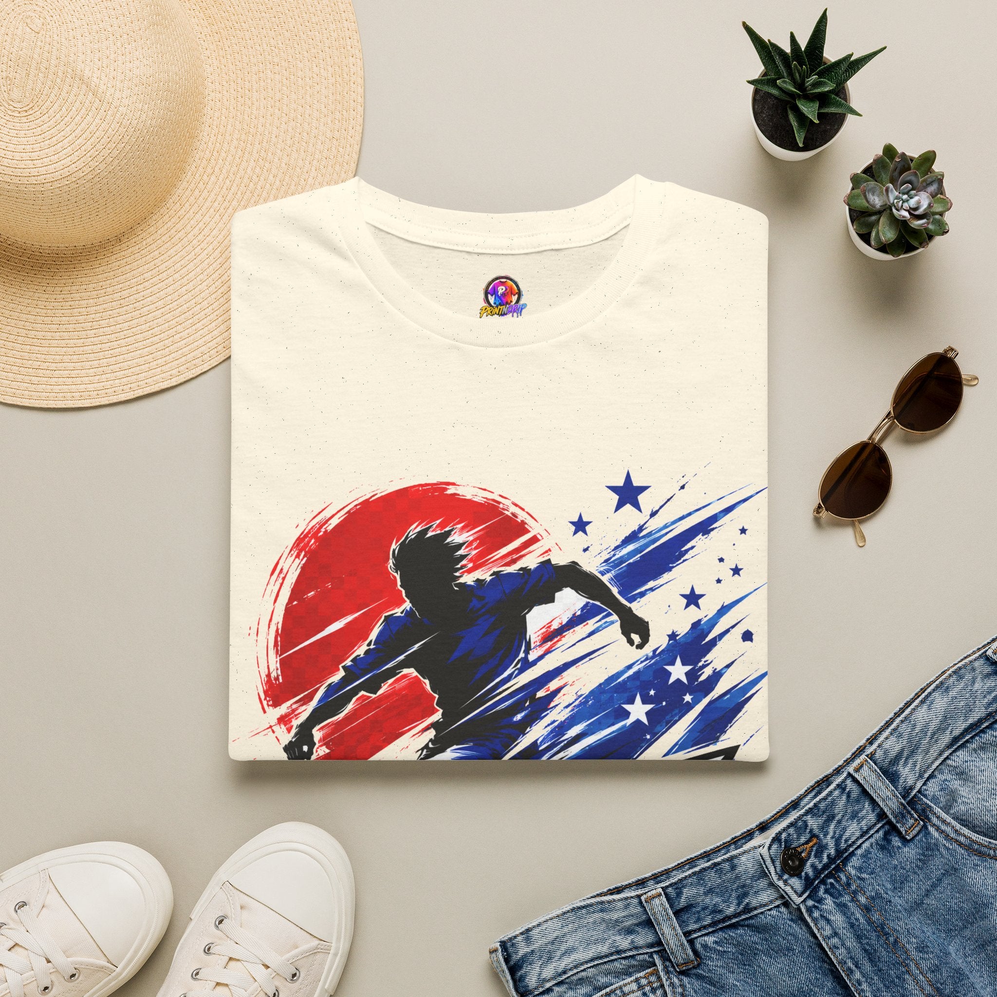 Japan T-Shirt — Blue Blade Soccer Graphic Tee (Red & Blue Starburst)