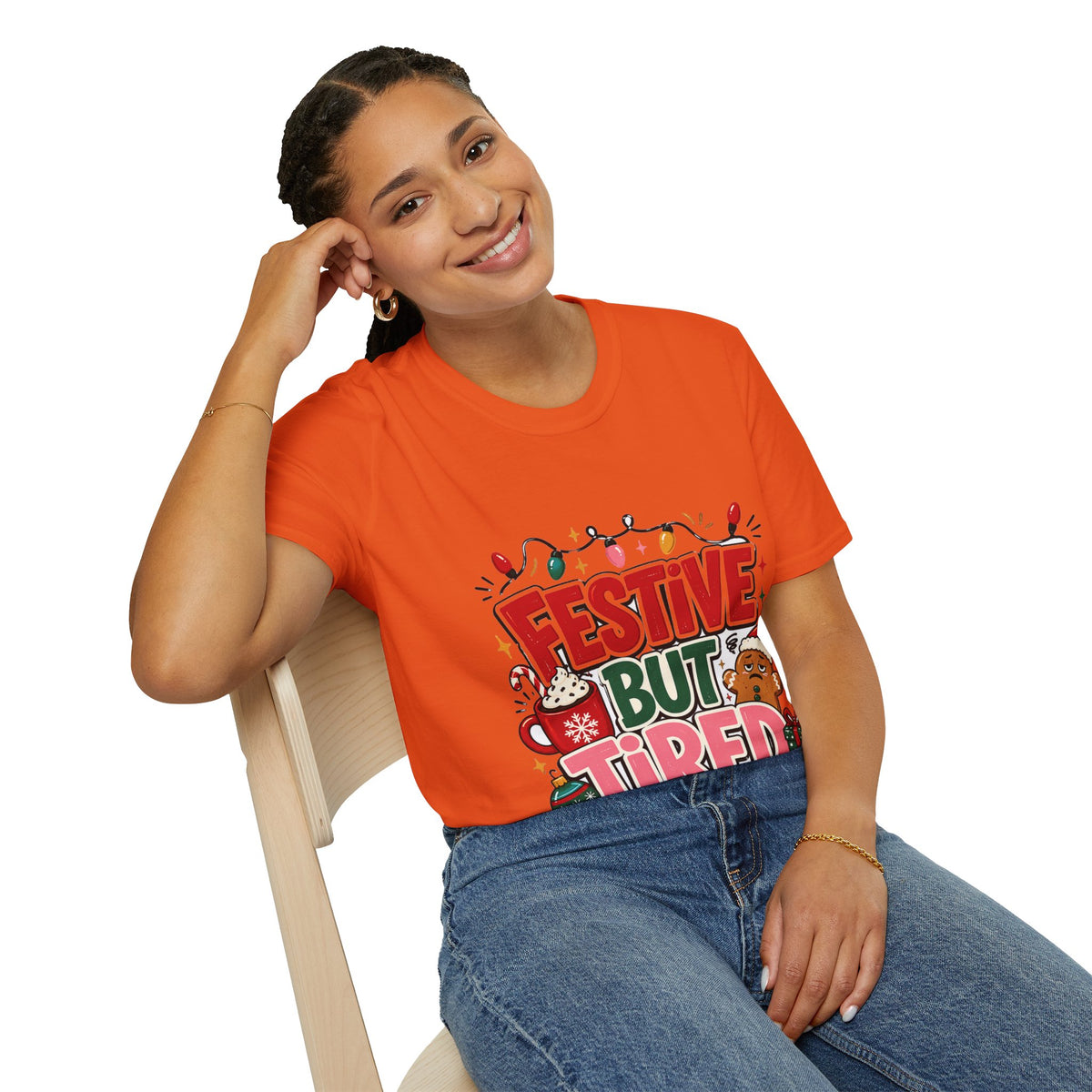 Festive But Tired T-Shirt — Holiday Christmas Crew Tee with Lights & Gingerbread