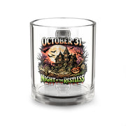 Halloween Glass Mug 10 oz  October 31 Glass Mug - "Night of the Restless" Haunted House Halloween Coffee Cup