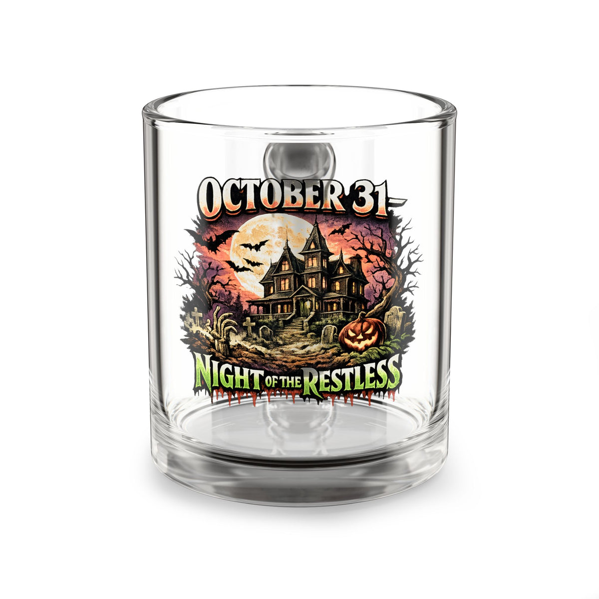 Halloween Glass Mug 10 oz  October 31 Glass Mug - "Night of the Restless" Haunted House Halloween Coffee Cup