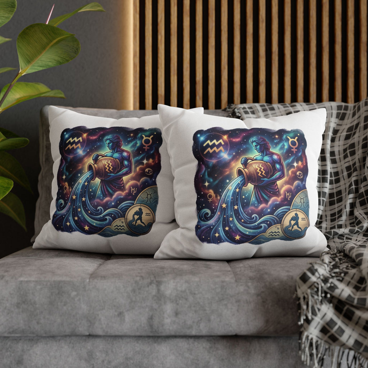 Aquarius Zodiac Pillowcase — Water Bearer Astrology Cushion Cover
