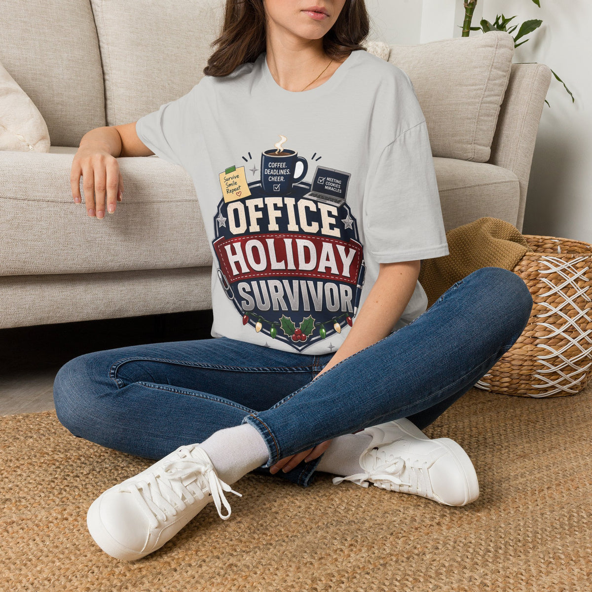 Office Holiday Survivor T-Shirt — Coffee, Deadlines & Cheer Work Shirt