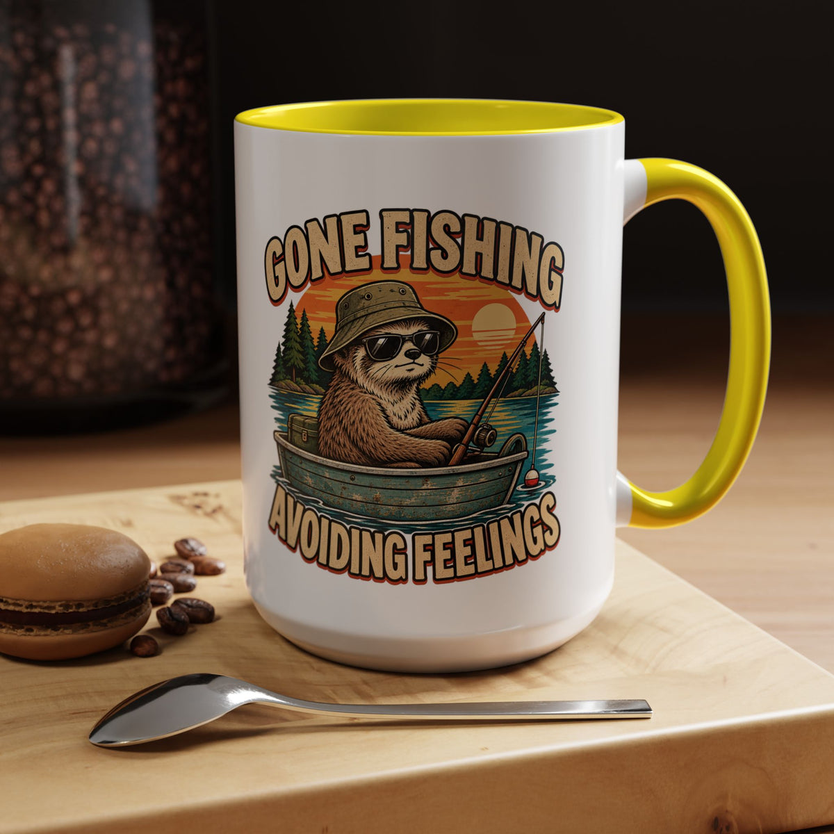 Funny And Witty "Gone Fishing Avoiding Feelings" Accent Coffee Mug (11, 15oz)