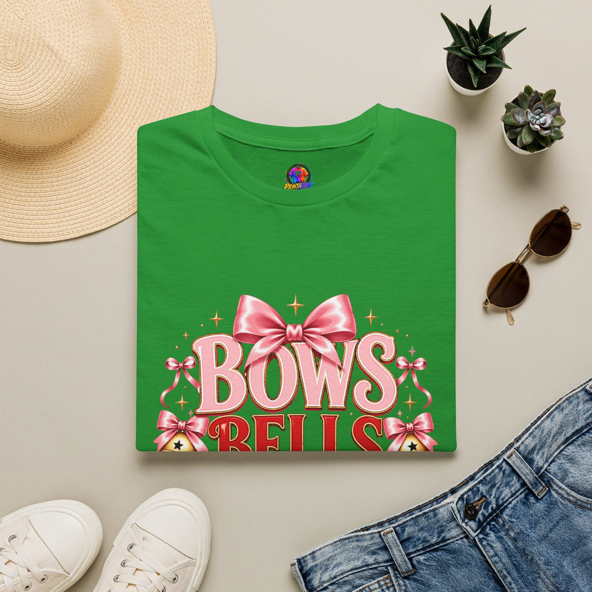 T-Shirt — "Bows Bells Bliss" Pink Holiday Graphic Tee