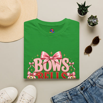T-Shirt — "Bows Bells Bliss" Pink Holiday Graphic Tee