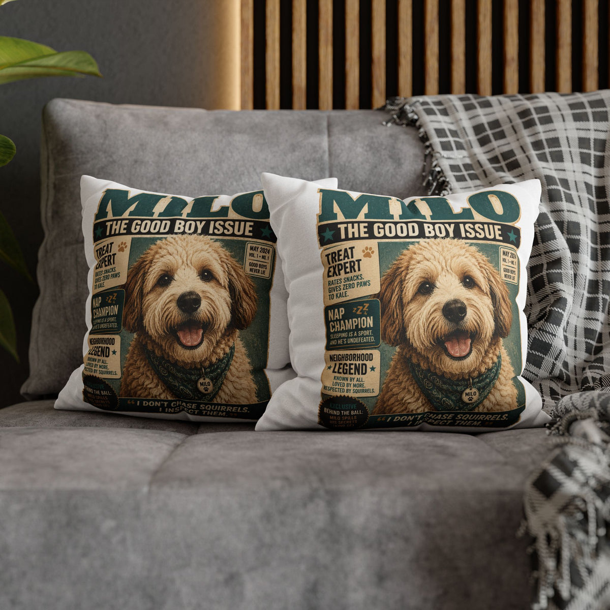 Dog Magazine Cover Pillowcase Milo Bailey Dog Dad Mom– "Milo: The Good Boy Issue" Decorative Throw Pillow