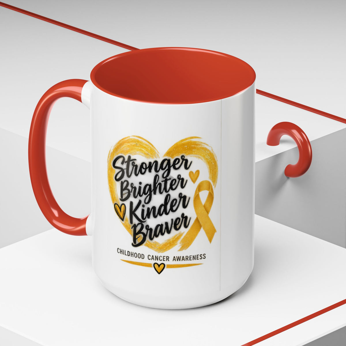 Childhood Cancer Awareness Accent Coffee Mug — "Stronger Brighter Kinder Braver"