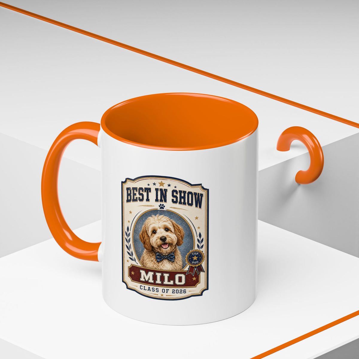 Milo Bailey Dog Dad Mom Best in Show Personalized Dog Mug — "Milo" Class of 2028 Accent Coffee Mug