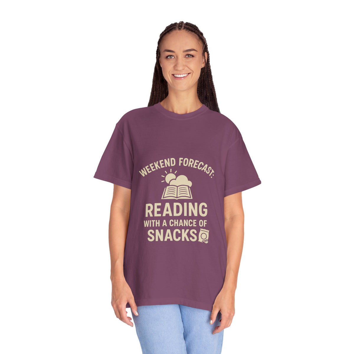 Reading & Snacks T-Shirt — "Weekend Forecast: Reading with a Chance of Snacks" - Trending Now - October 2026