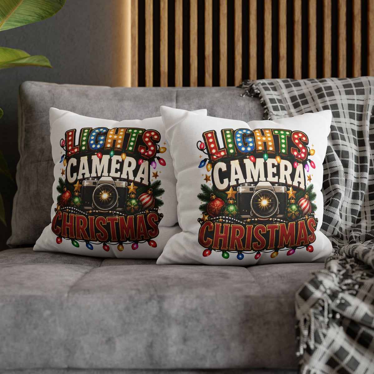 Christmas Photographer Pillowcase – “Lights Camera Christmas” Decorative Throw Pillow