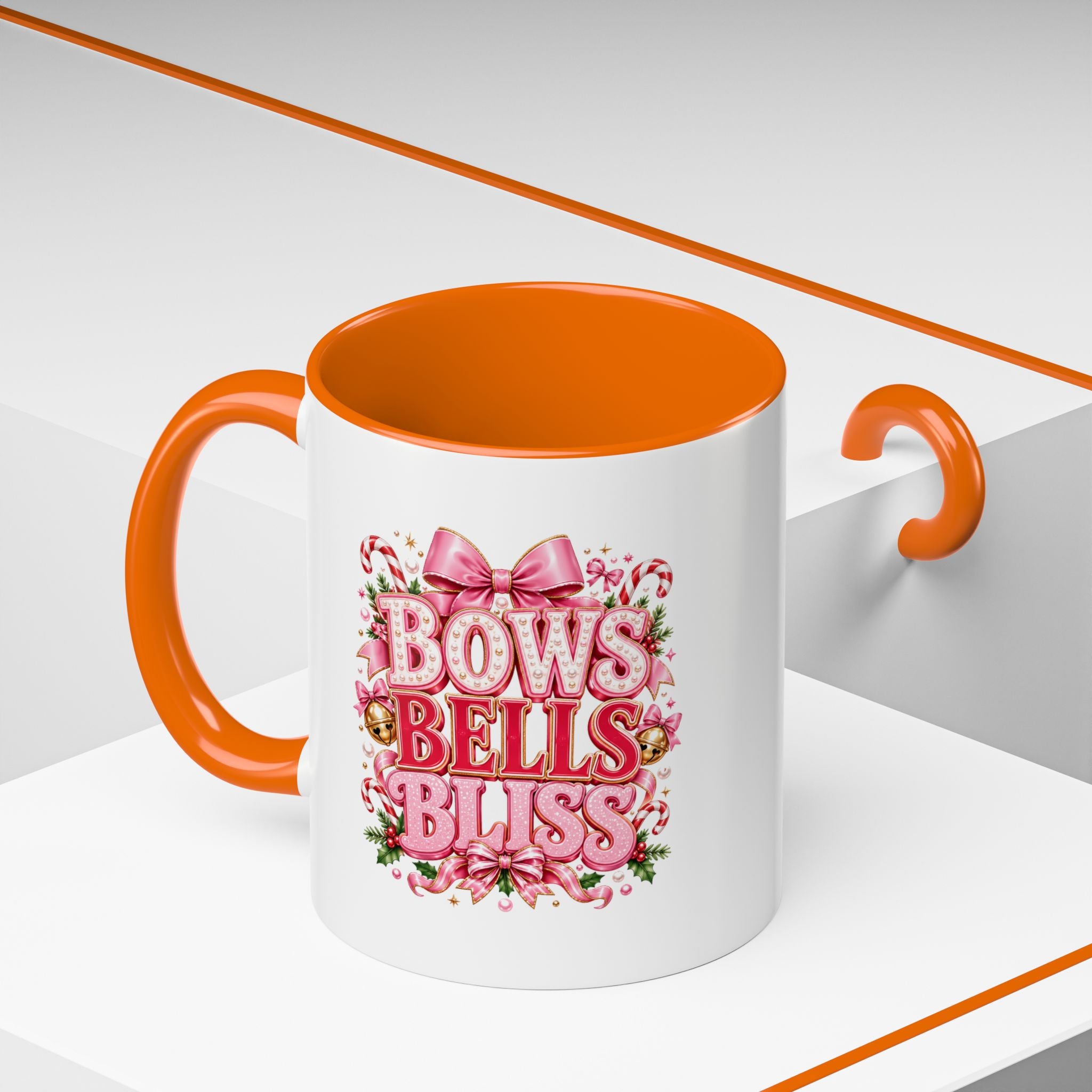 Modern Day Christmas Bows Bells Bliss Coffee Mug — Pink Holiday Accent Mug