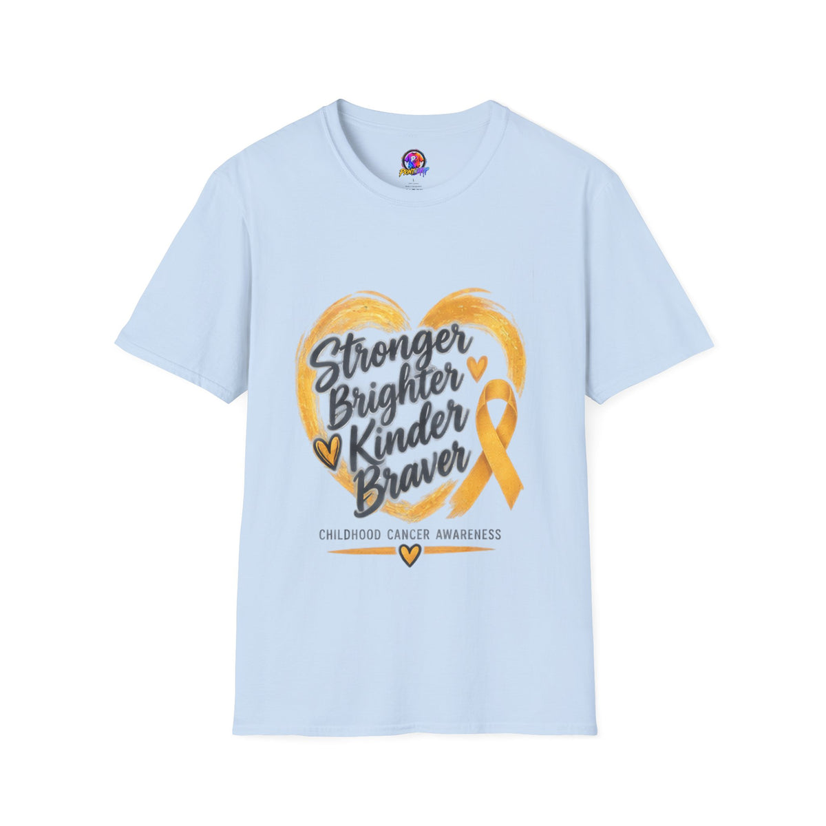 Childhood Cancer Awareness T-Shirt — "Stronger Brighter Kinder Braver" Gold Ribbon