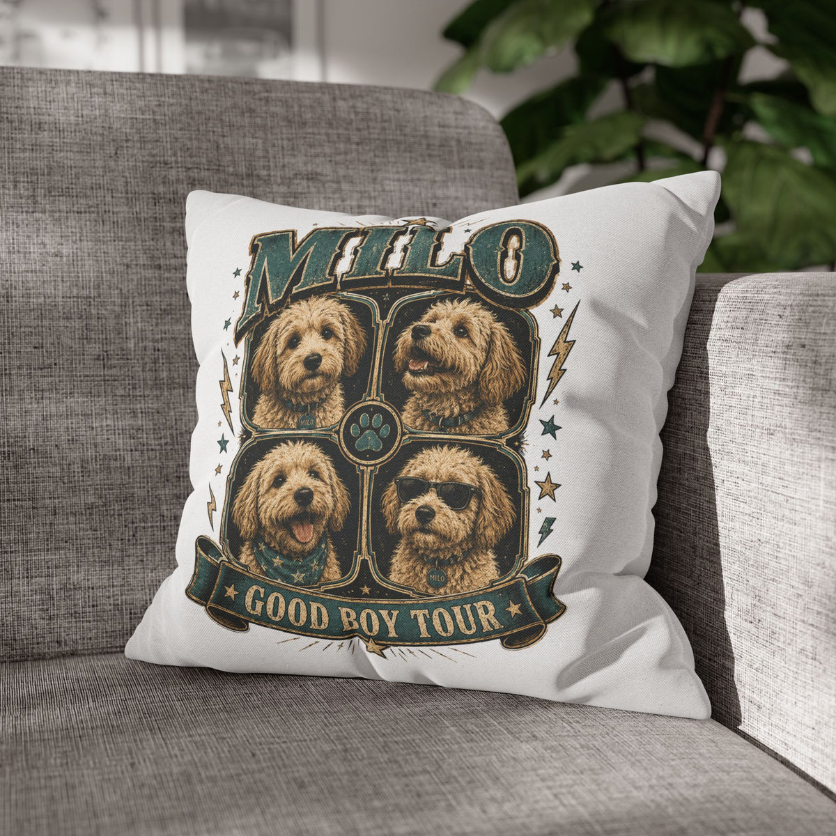 Milo "Good Boy Tour" Decorative Pillowcase — Dog Band Tour Poster Throw Pillowcase Milo Bailey Dog Dad Mom