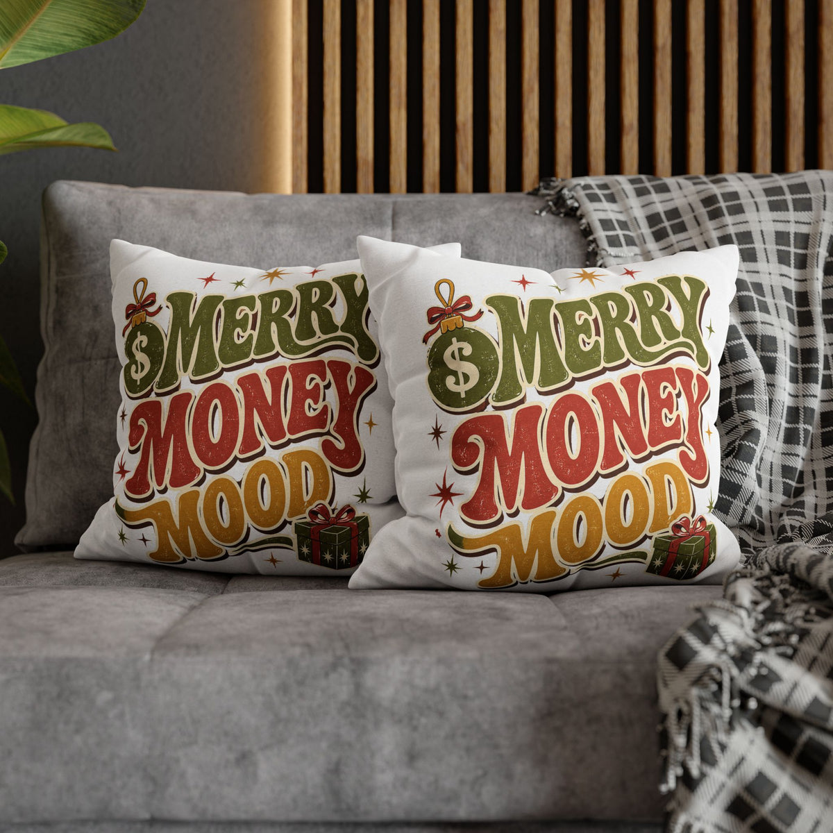 Merry Money Mood Pillowcase Modern Day Christmas — Festive Holiday Decorative Throw Pillow Cover