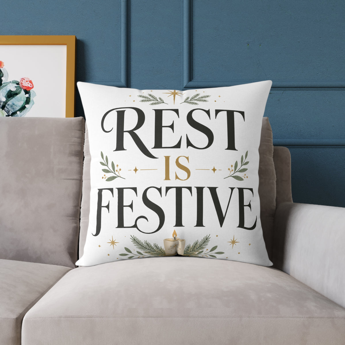 Modern Day Christmas Festive Rest Decorative Pillow – Holiday Throw Pillow with "Rest Is Festive" Design
