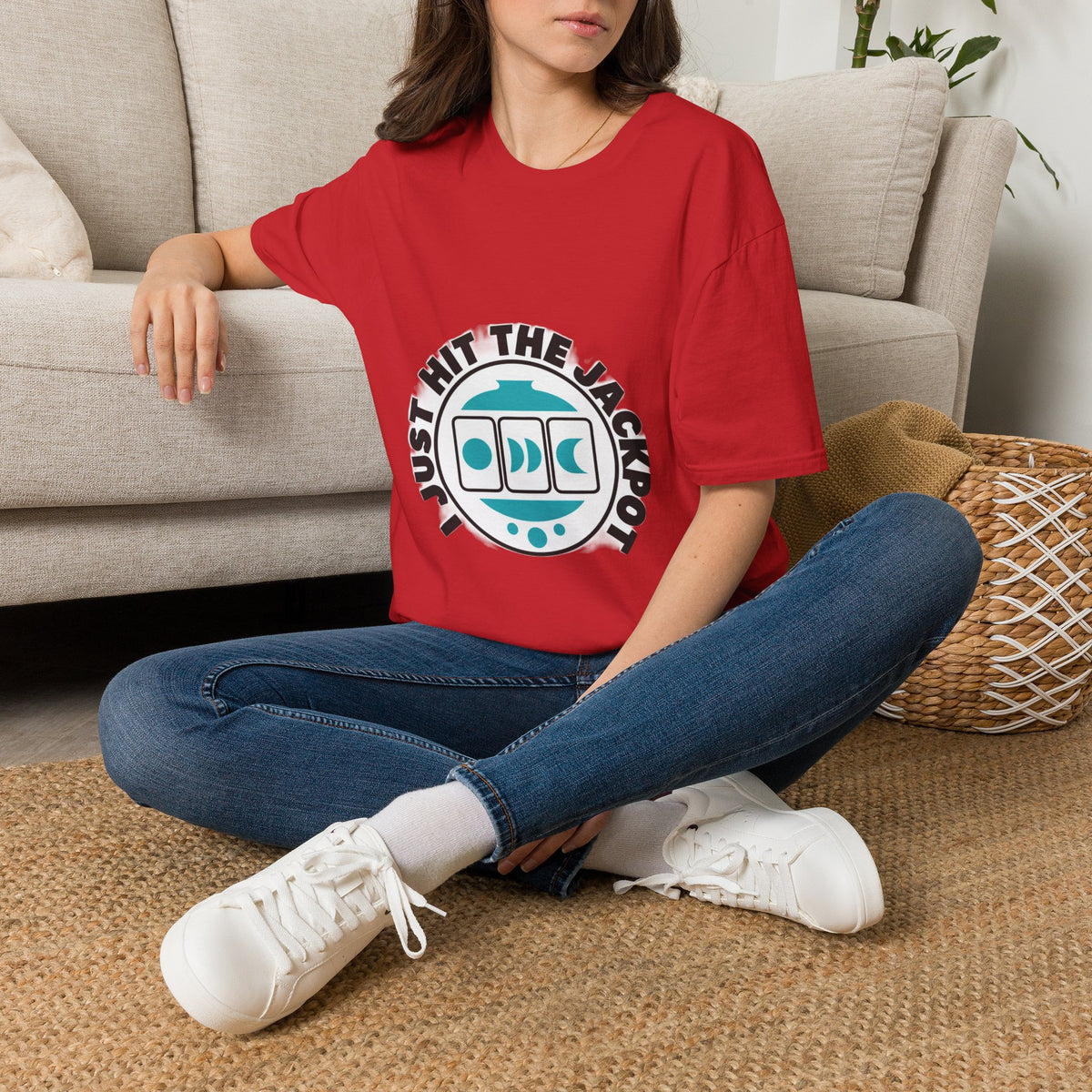 I Just Hit The Jackpot Retro Badge Tee - Lucky Slot Machine Graphic T-Shirt - Trending Now - September 2026