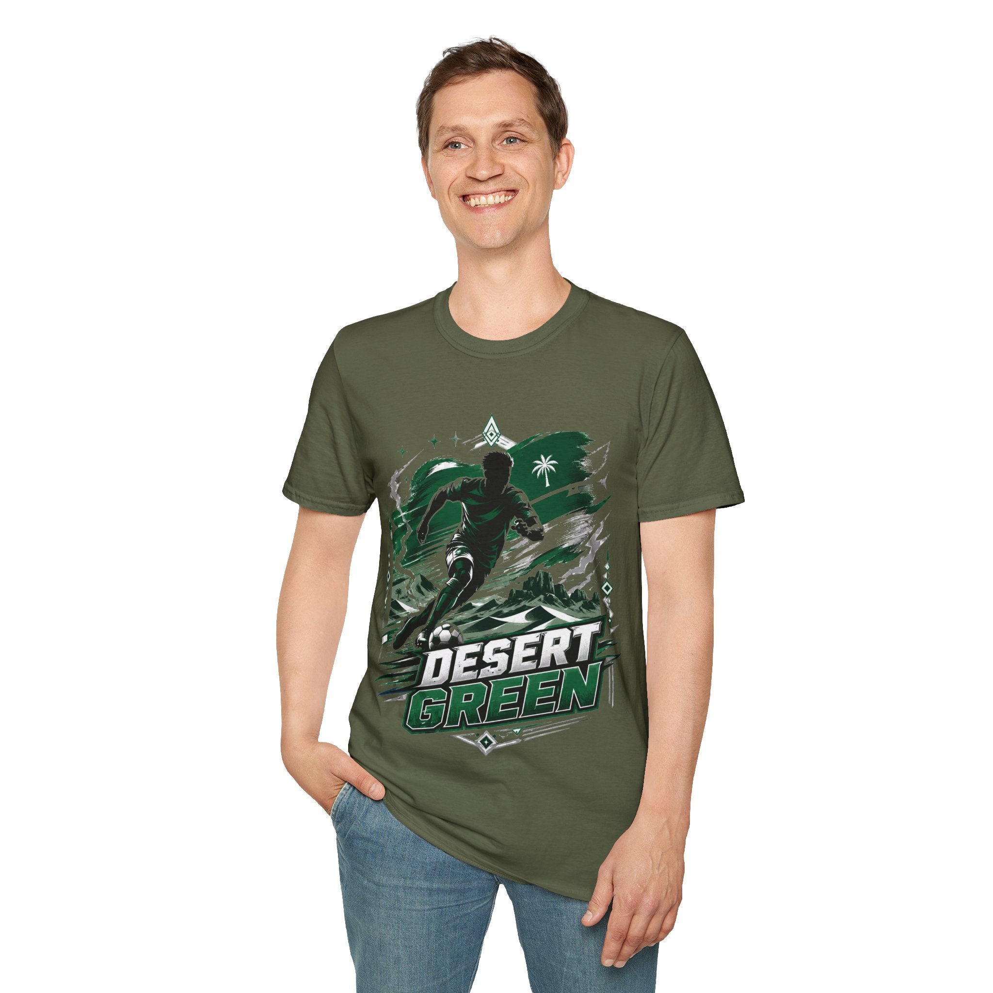 Saudi Arabia Desert Green Soccer T-Shirt — Silhouette Player Graphic