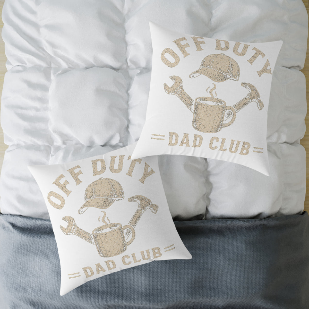 Off Duty Dad Club Throw Pillow  Milo Bailey Dog Dad Mom— Rustic Coffee & Tools Decorative Pillow
