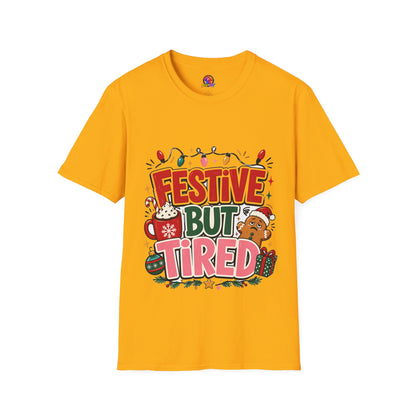 Festive But Tired T-Shirt — Holiday Christmas Crew Tee with Lights & Gingerbread