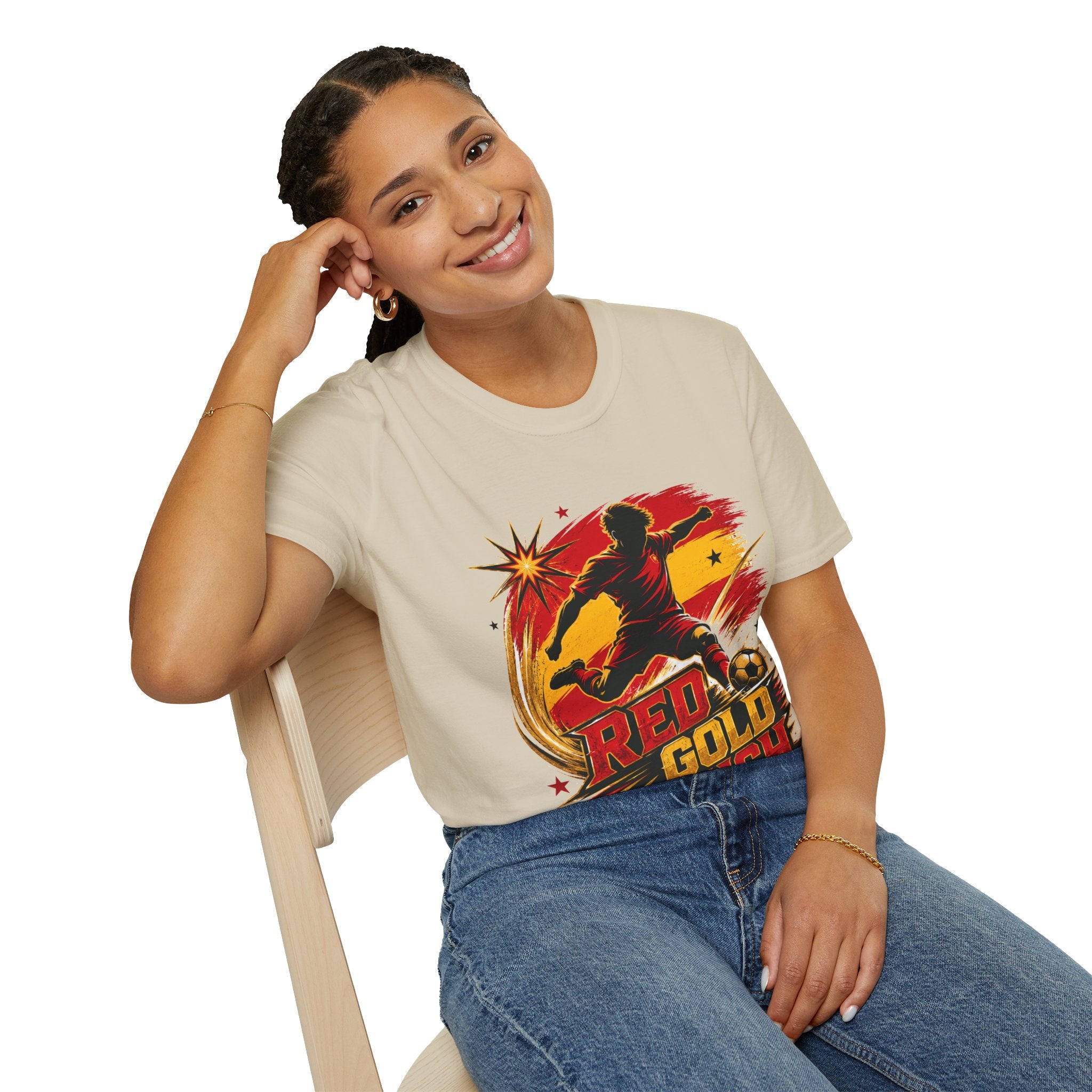 Spain Red & Gold Rush Soccer T-Shirt — Retro Soccer Player Graphic