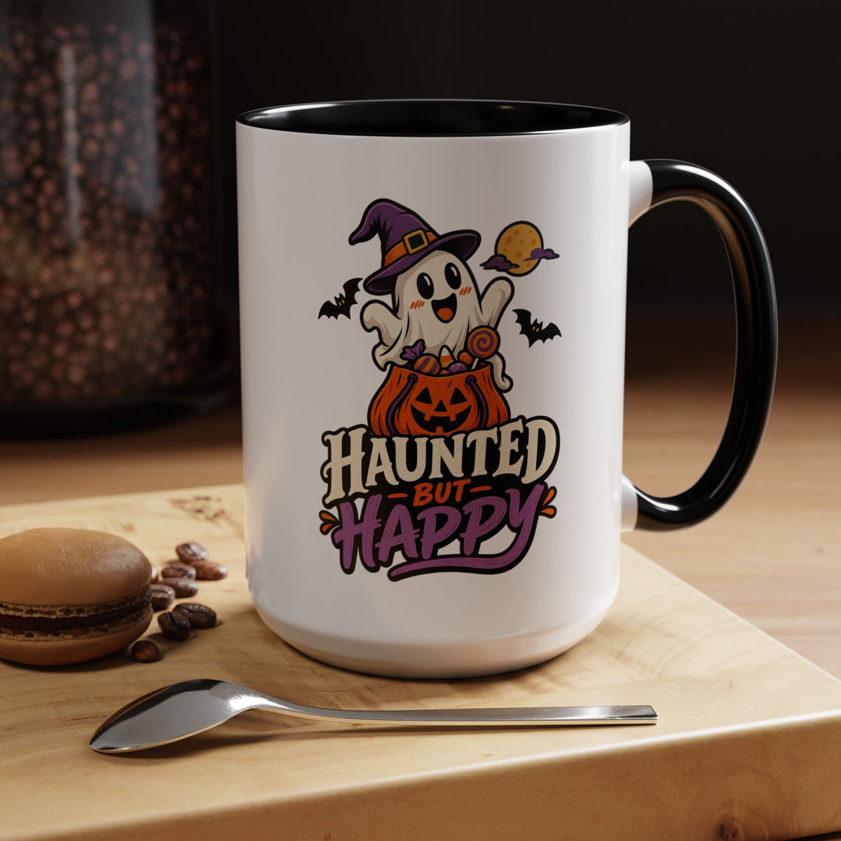 Haunted But Happy Coffee Mug — Halloween Ghost Pumpkin Accent Mug (11/15oz)
