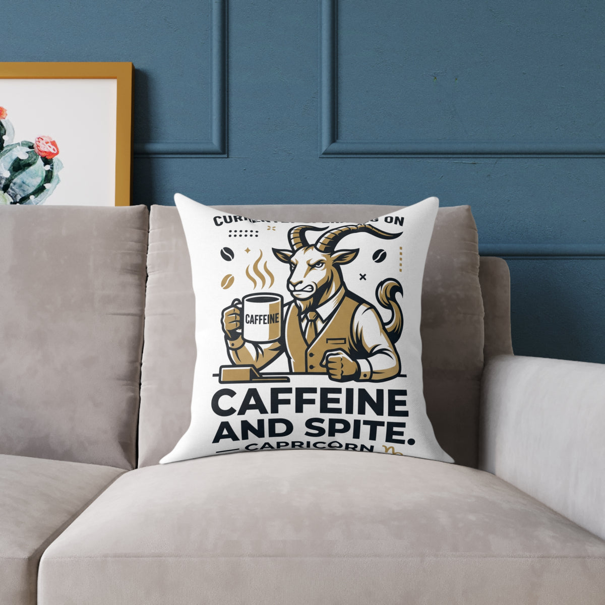 Capricorn Caffeine and Spite Goat Pillow — Funny Coffee Lover Square Throw Pillow