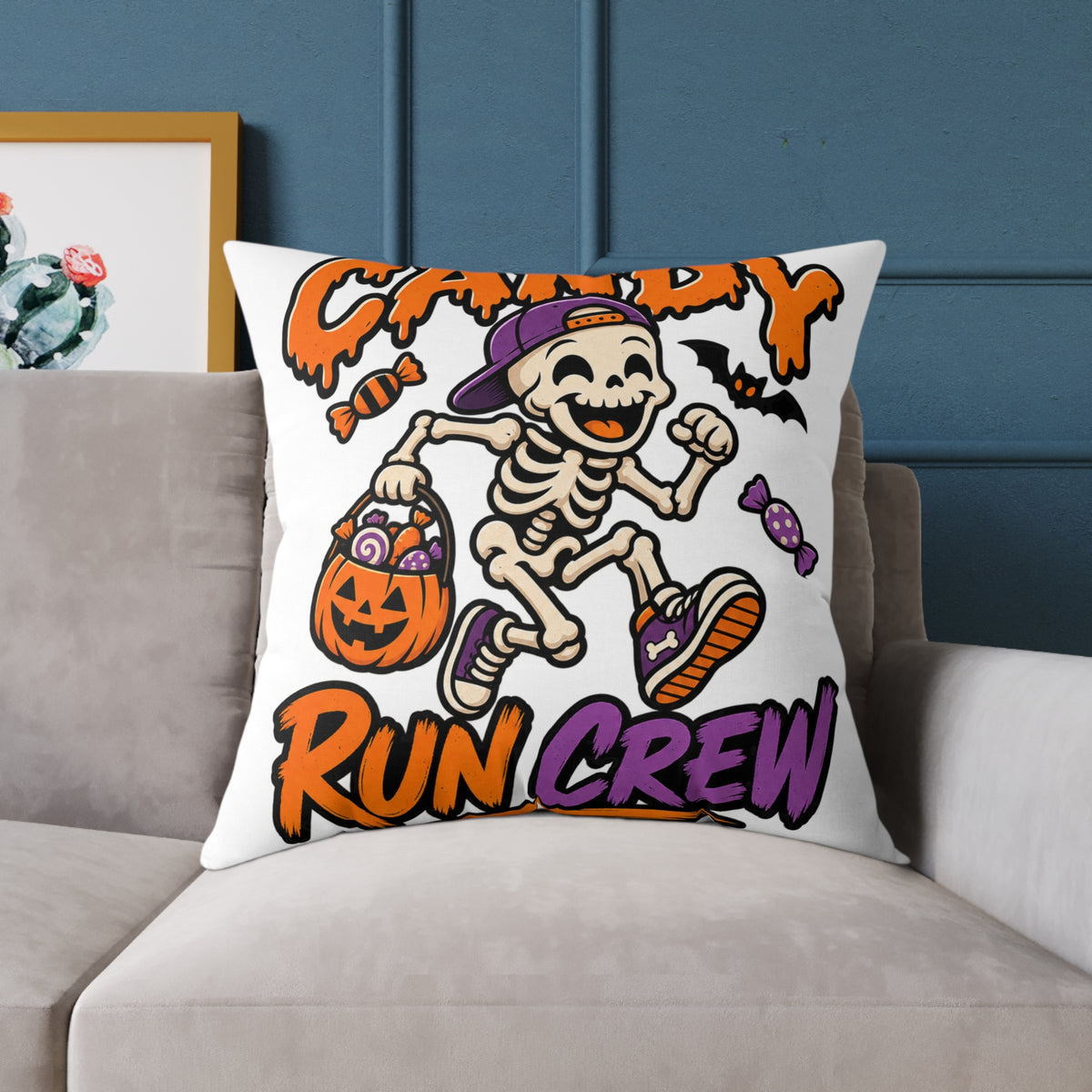 Candy Run Crew Halloween Pillow — Skeleton Trick-or-Treat Decorative Throw Pillow